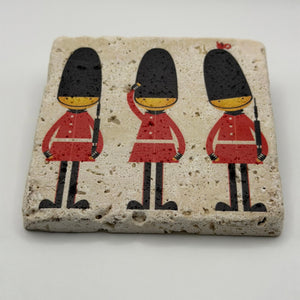 Three British Royal Guards printed on a natural travertine stone coaster