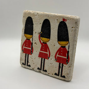Three British Royal Guards printed on a natural travertine stone coaster
