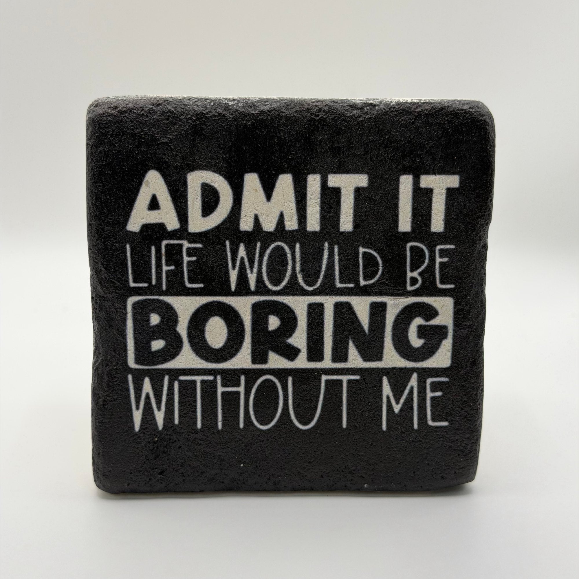 Slogan artwork printed on square travertine stone coaster