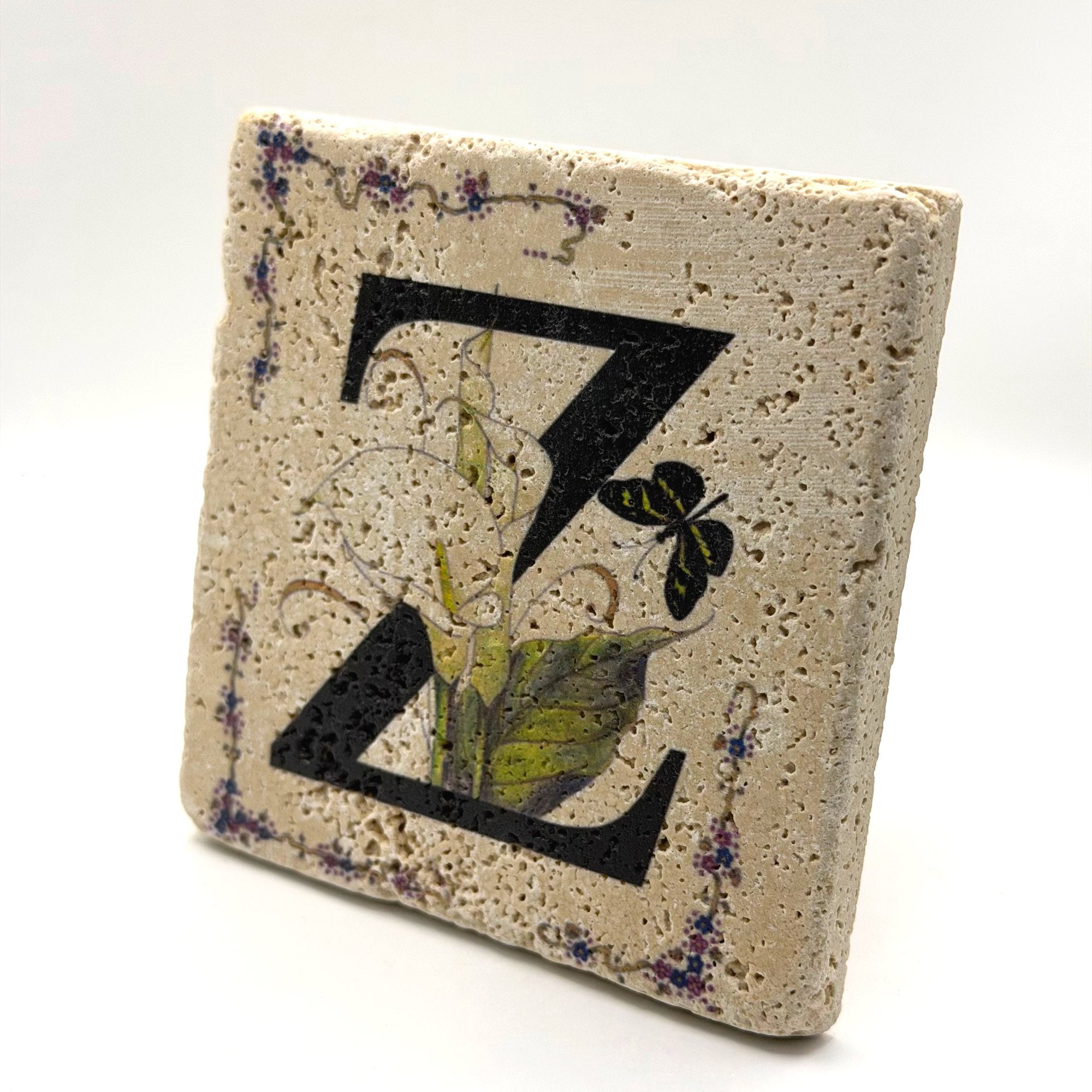 Alphabet letter Z design printed on a natural stone coaster