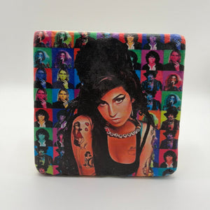Amy Winehouse artwork printed on square travertine stone coaster