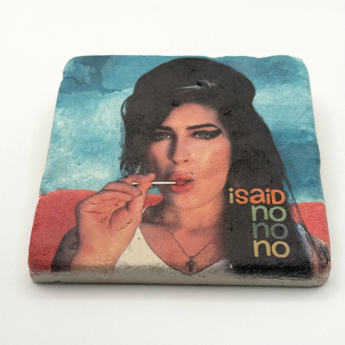 Amy Winehouse artwork printed on square travertine stone coaster