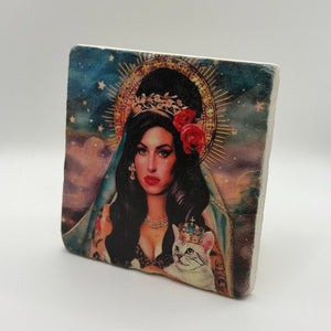 Amy Winehouse artwork printed on square travertine stone coaster
