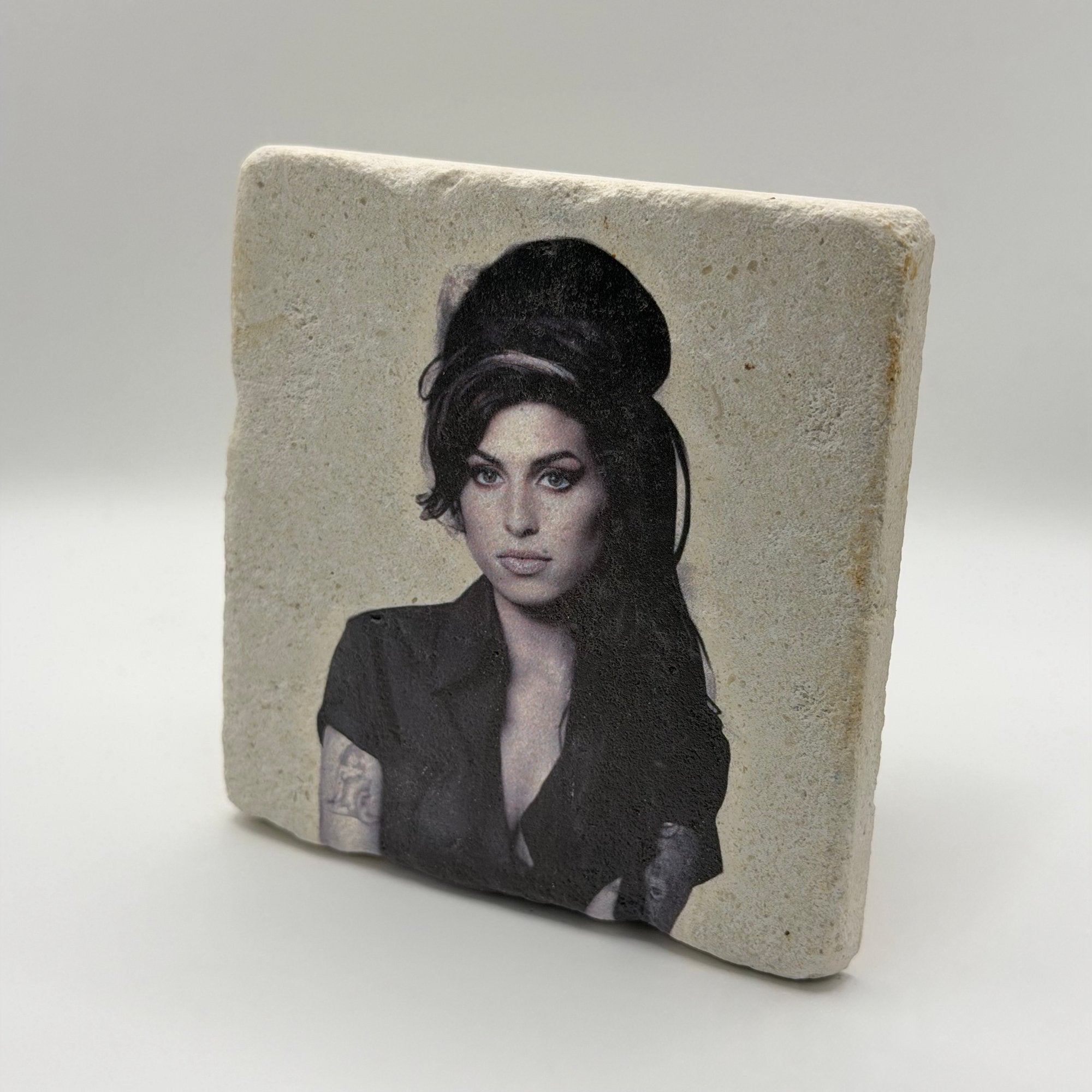 Amy Winehouse artwork printed on square travertine stone coaster