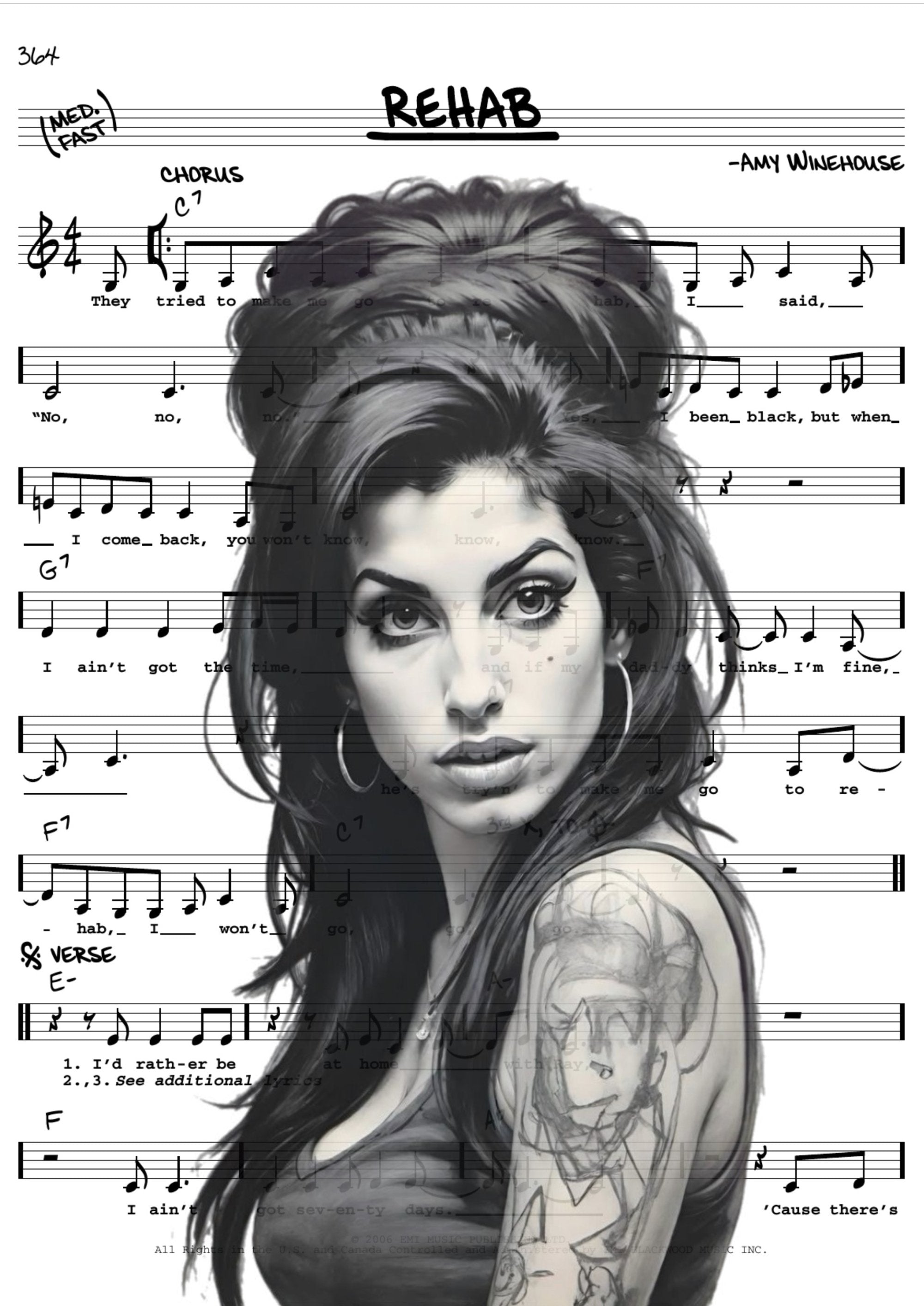 Amy Winehouse Rehab sheet music artwork printed on MDF wall poster