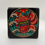 Aperol logo printed on square travertine stone coaster