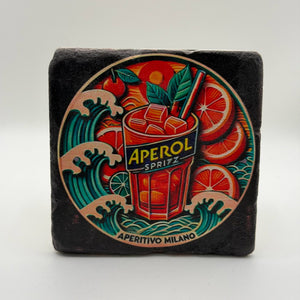 Aperol logo printed on square travertine stone coaster