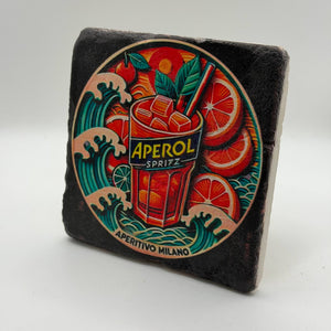 Aperol logo printed on square travertine stone coaster
