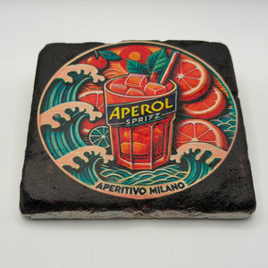 Aperol logo printed on square travertine stone coaster