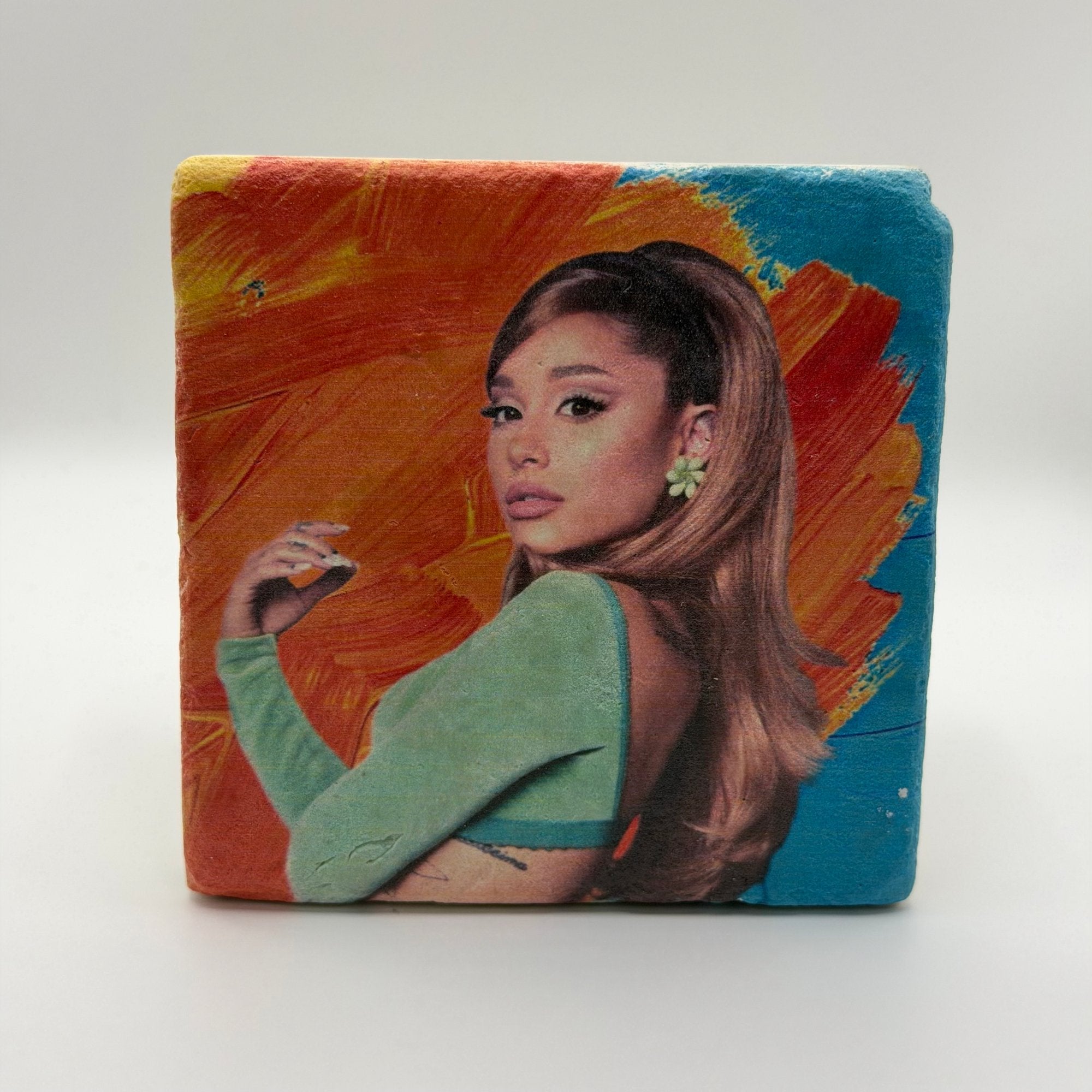 Ariana Grande artwork printed on square travertine stone coaster