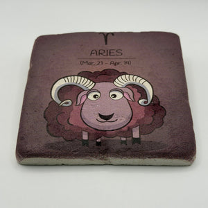 Aries zodiac symbol printed on square travertine stone coaster