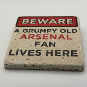 Arsenal FC logo and warning text printed on square travertine stone coaster