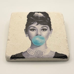 Audrey Hepburn blue bubble artwork printed on square travertine stone coaster