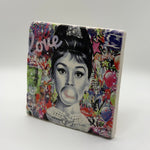 Audrey Hepburn portrait printed on square travertine stone coaster