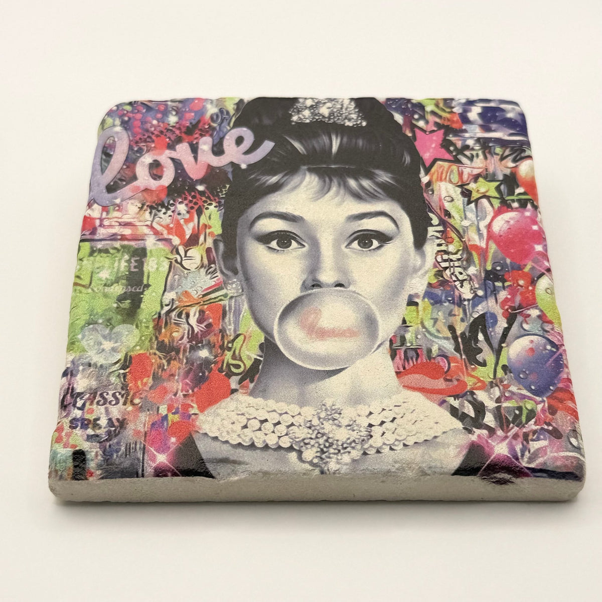 Audrey Hepburn portrait printed on square travertine stone coaster