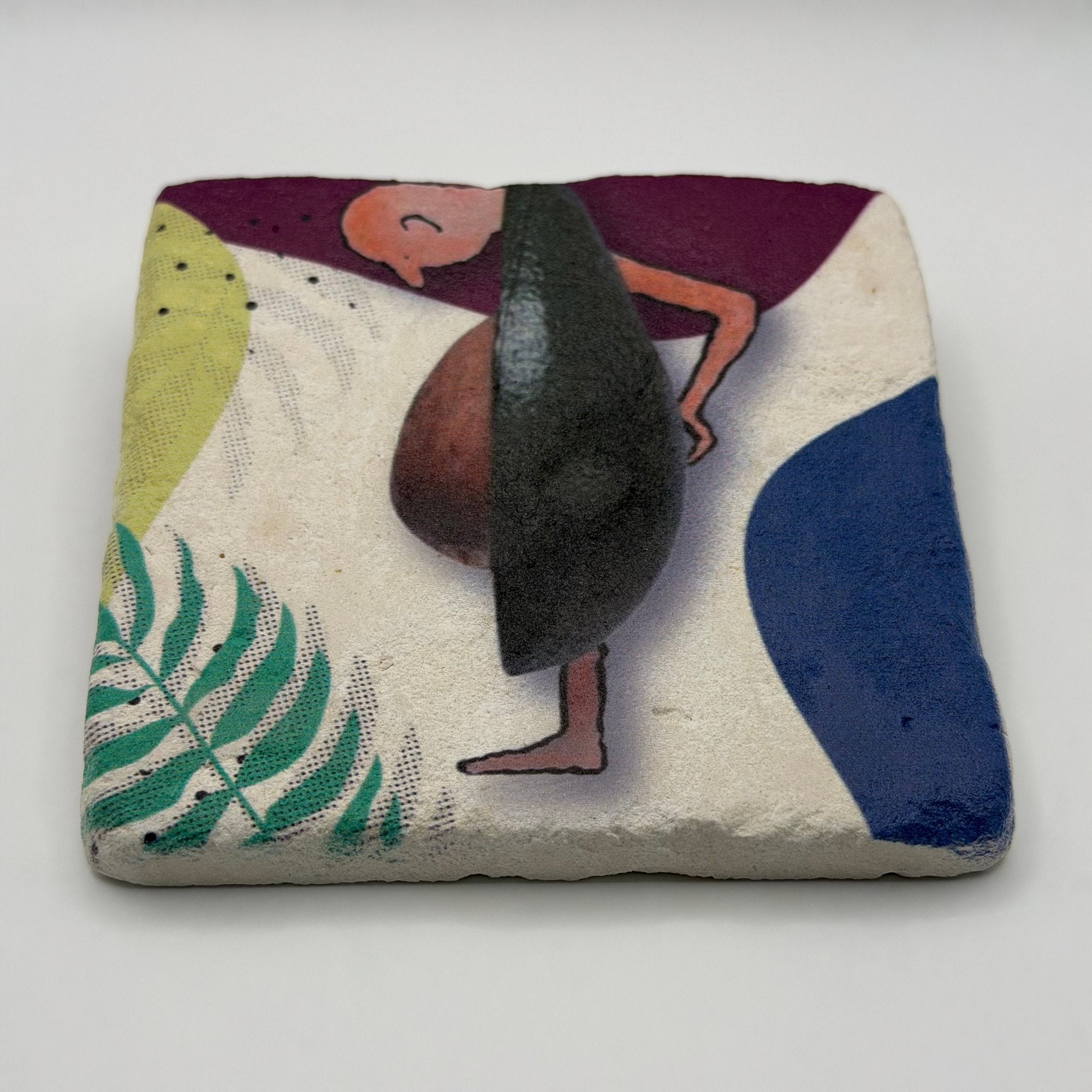 Avocado illustration printed on square travertine stone coaster