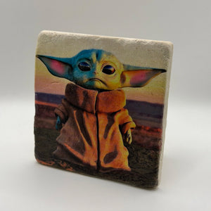Baby Yoda artwork printed on square travertine stone coaster