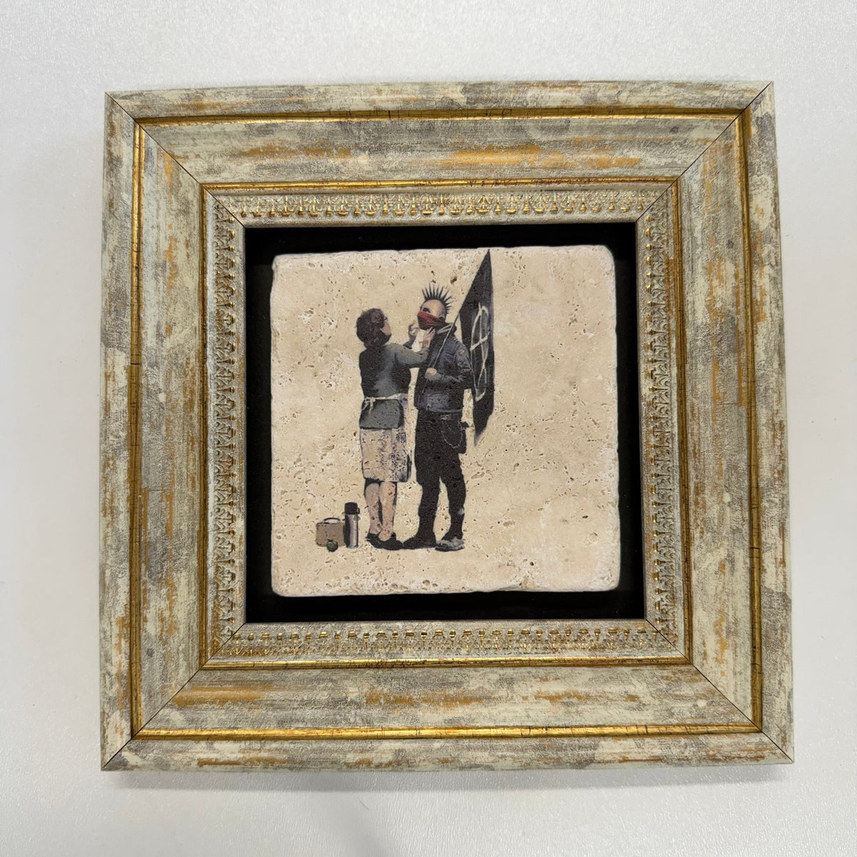 Variant Mapping v4 | banksy-anarchist-street-art-natural-stone-coaster | with Gold Frame | sha256:eb3d71e301fc