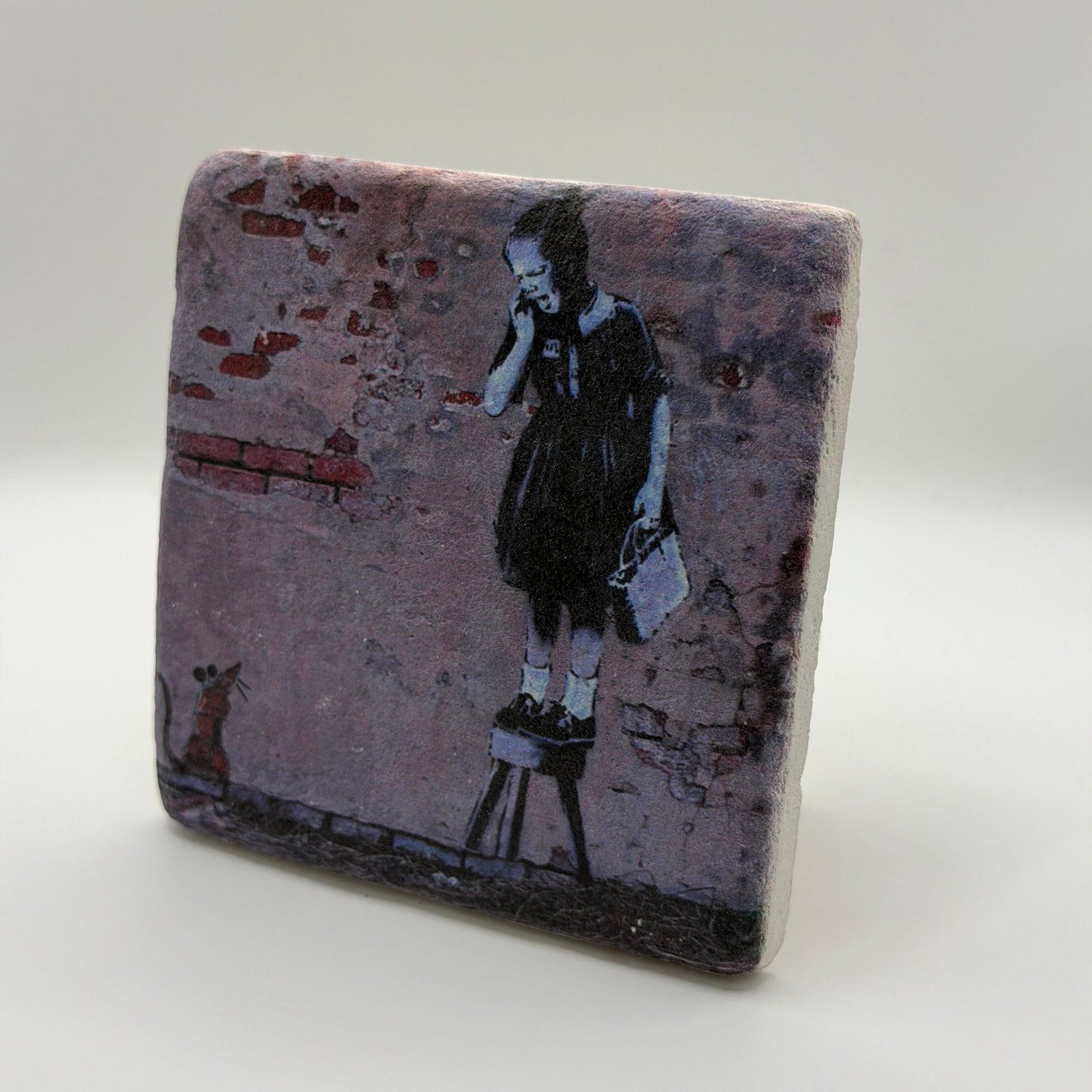 Girl and Mouse artwork by Banksy printed on square travertine stone coaster