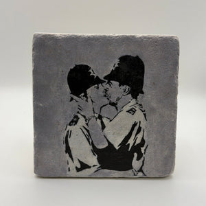Banksy Kissing Coppers Stone Coaster