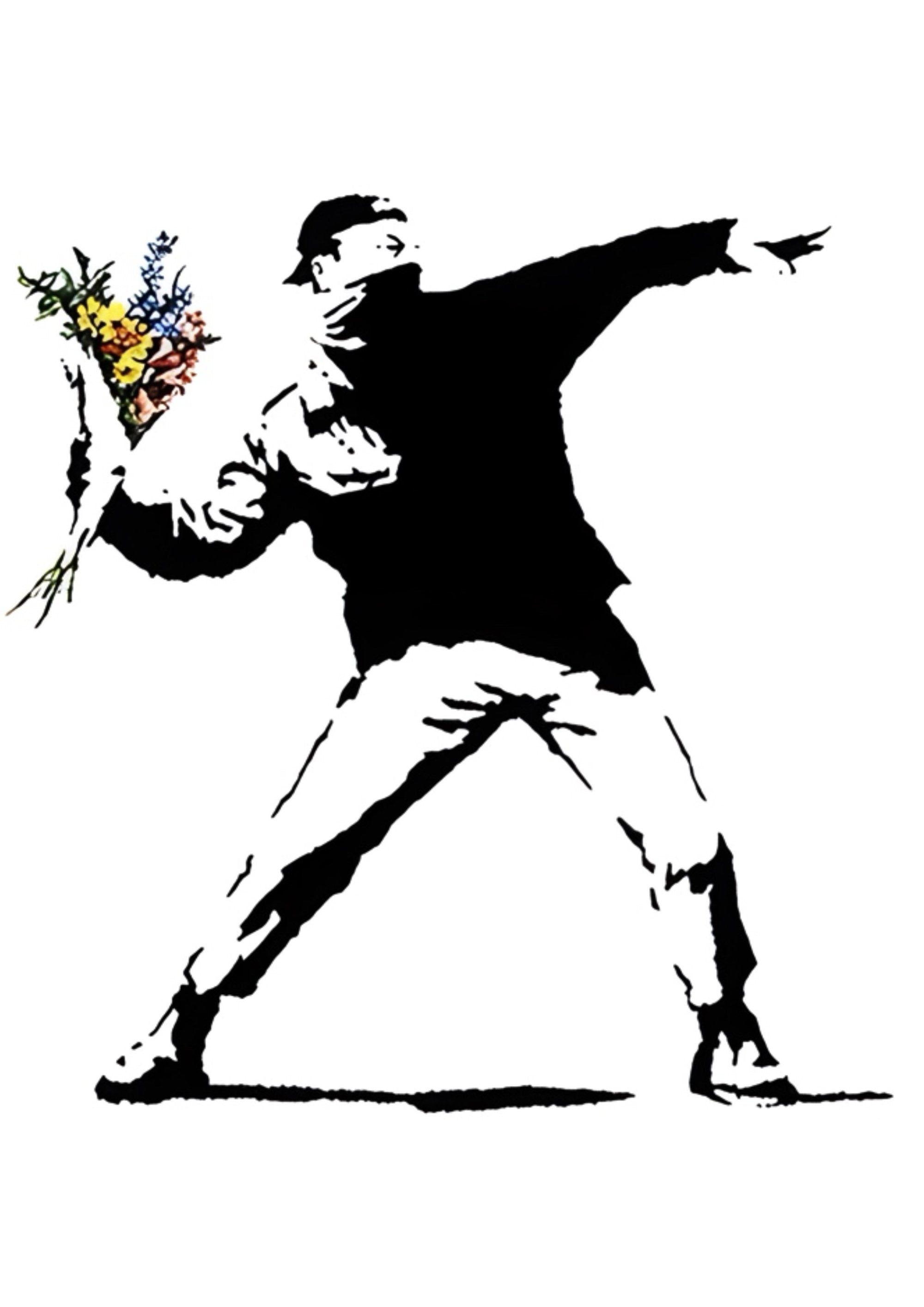 Banksy Love Is In The Air artwork printed on MDF wall poster