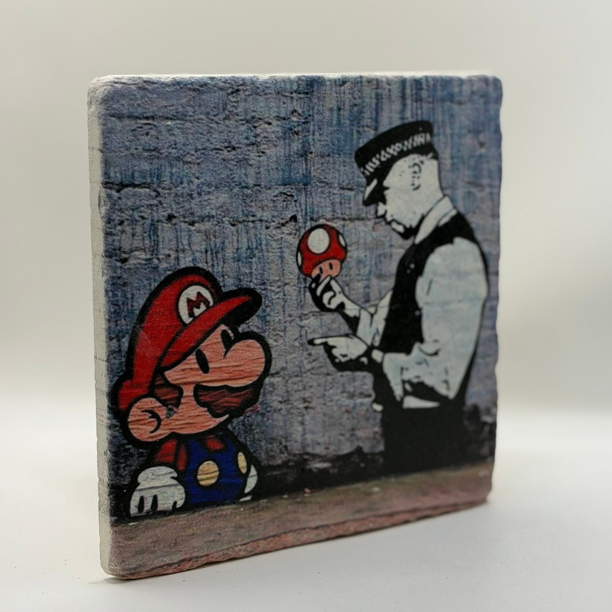 Banksy Mario And Cop Street Art Natural Travertine Stone Hotpad artwork