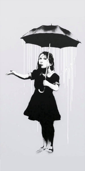 Banksy Nola Umbrella Girl monochrome design displayed as a decorative wall sign