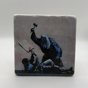 Banksy artwork printed on square travertine stone coaster