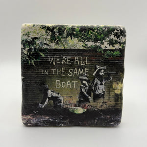 Banksy artwork printed on square travertine stone coaster