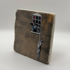 Banksy's Well Hung Lover artwork printed on square travertine stone coaster