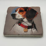 Cute beagle artwork printed on square travertine stone coaster