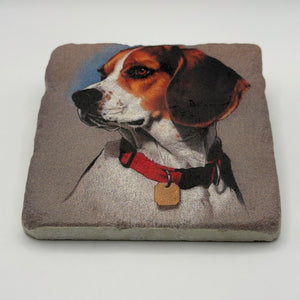Cute beagle artwork printed on square travertine stone coaster