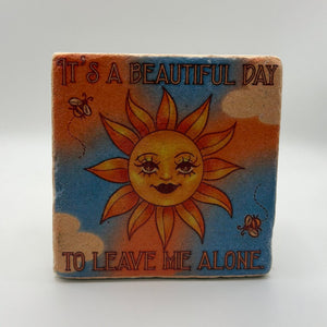 Funny quote printed on square travertine stone coaster