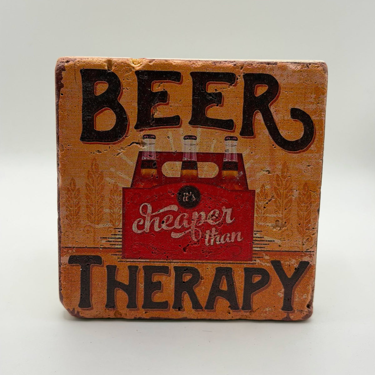 Funny Beer Therapy artwork printed on square travertine stone coaster