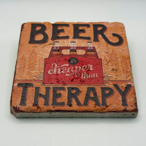 Funny Beer Therapy artwork printed on square travertine stone coaster