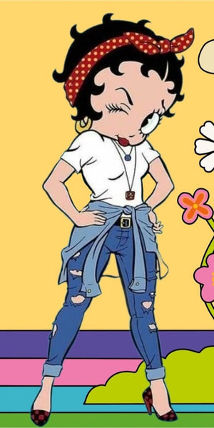 Betty Boop modern denim outfit design displayed as a decorative wall sign