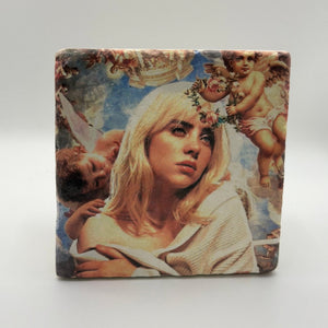 Billie Eilish Renaissance artwork printed on square travertine stone coaster