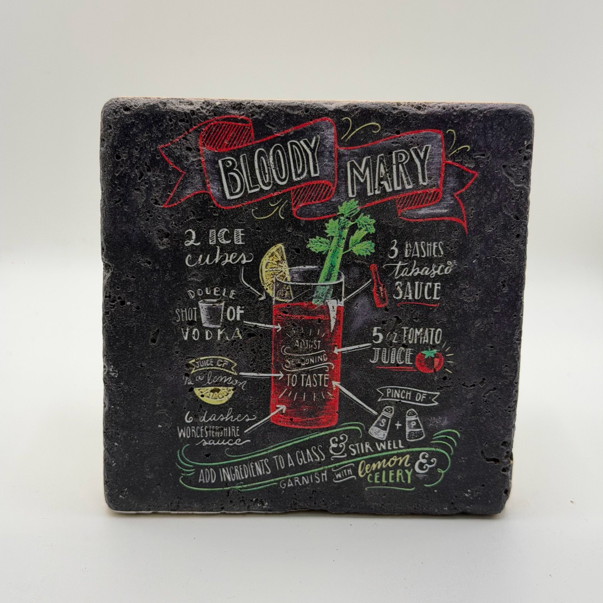 Bloody Mary artwork printed on square travertine stone coaster