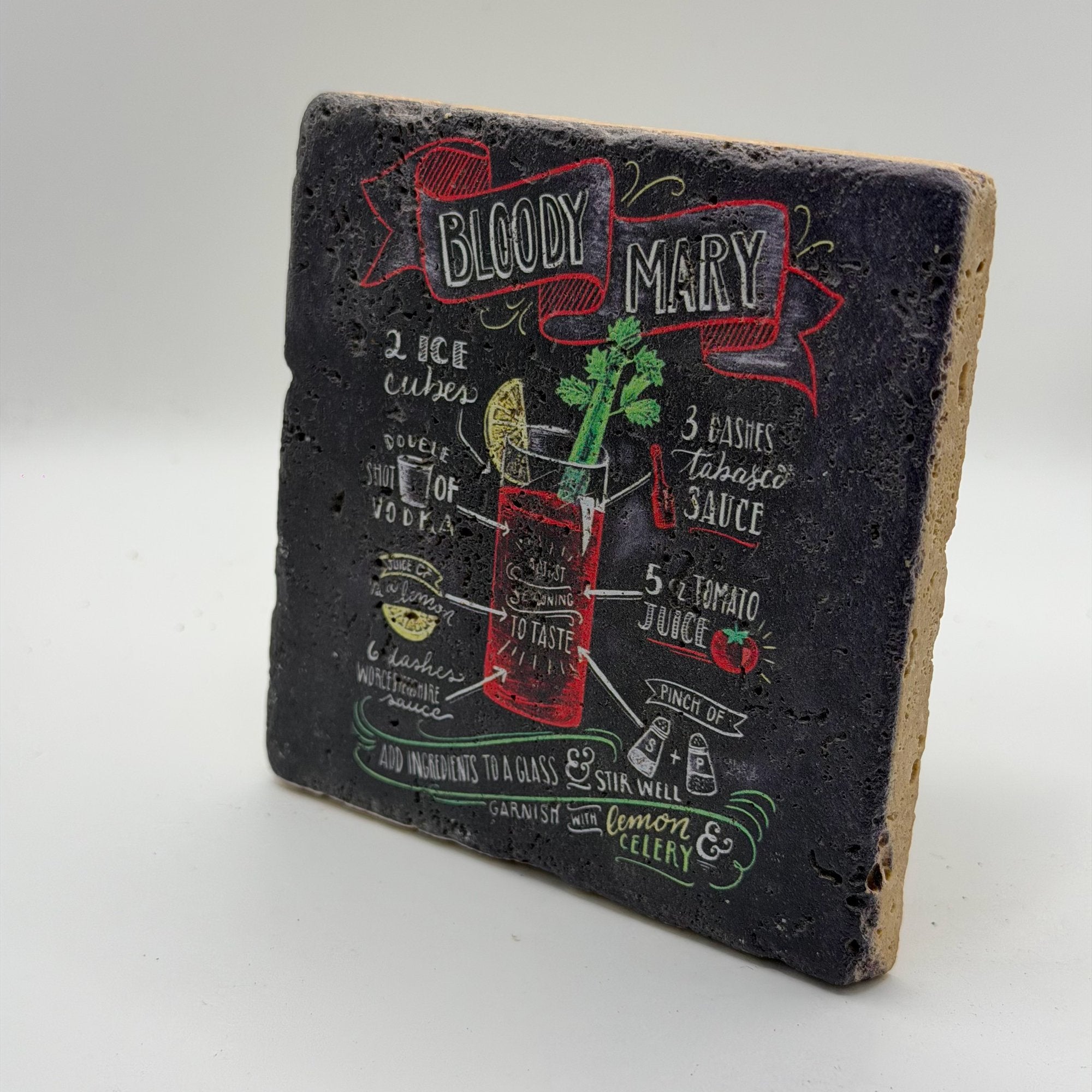 Bloody Mary artwork printed on square travertine stone coaster