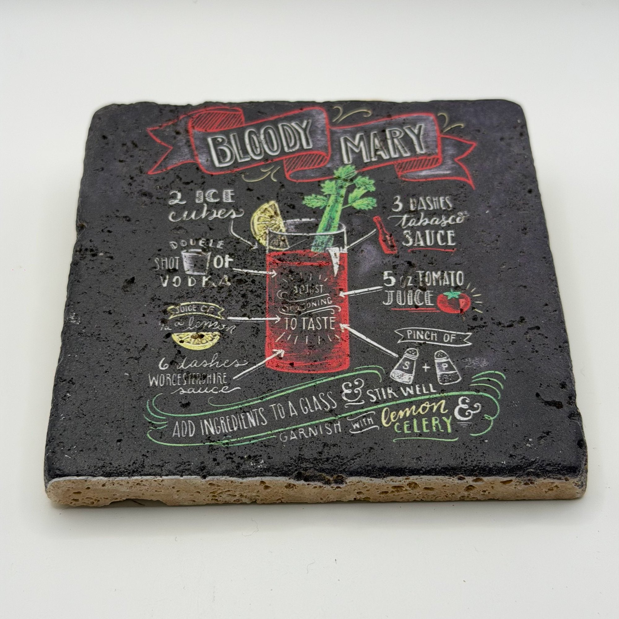 Bloody Mary artwork printed on square travertine stone coaster