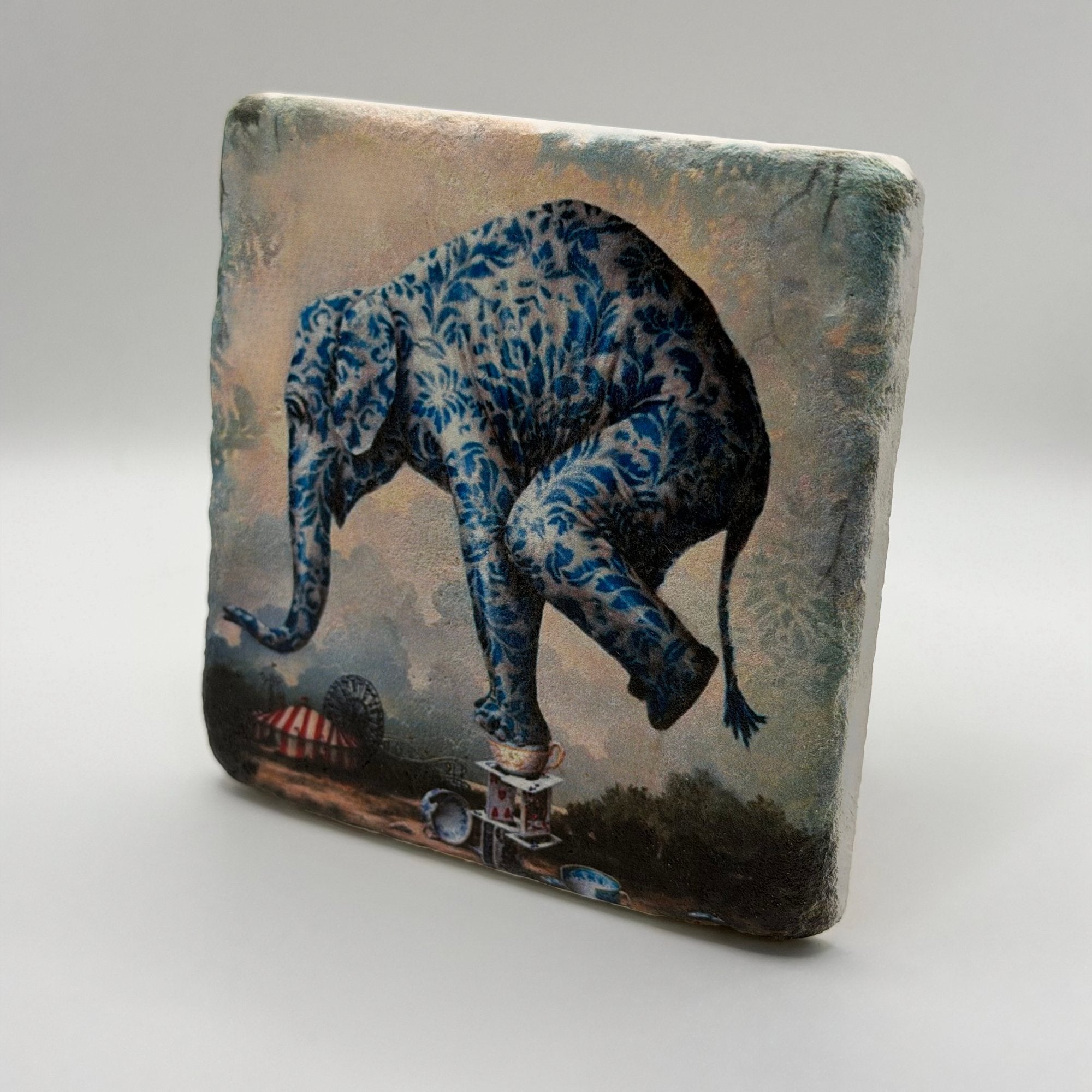 Adorable blue elephant artwork printed on square travertine stone coaster