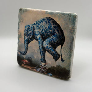 Adorable blue elephant artwork printed on square travertine stone coaster