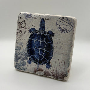Blue turtle artwork printed on square travertine stone coaster