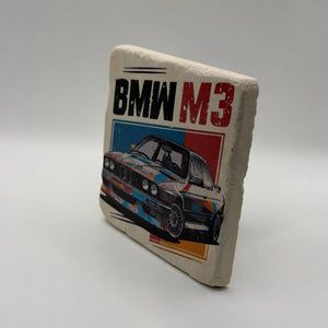 BMW M3 logo printed on square travertine stone coaster
