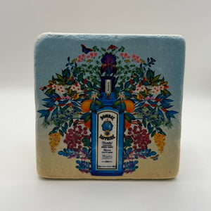 Bombay Sapphire logo printed on square natural travertine stone coaster