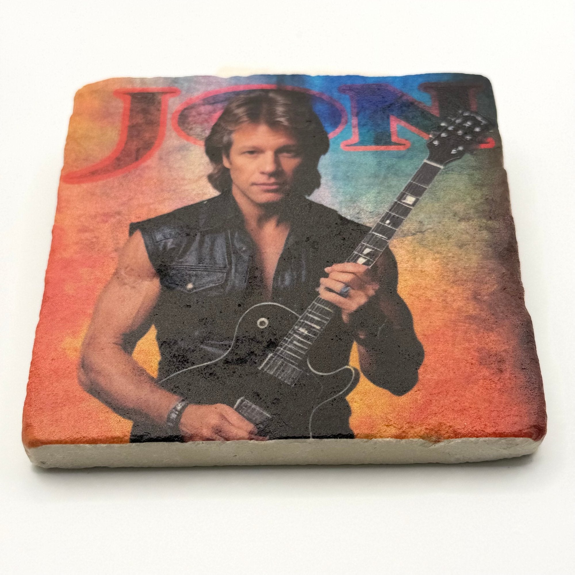 Bon Jovi artwork printed on square travertine stone coaster