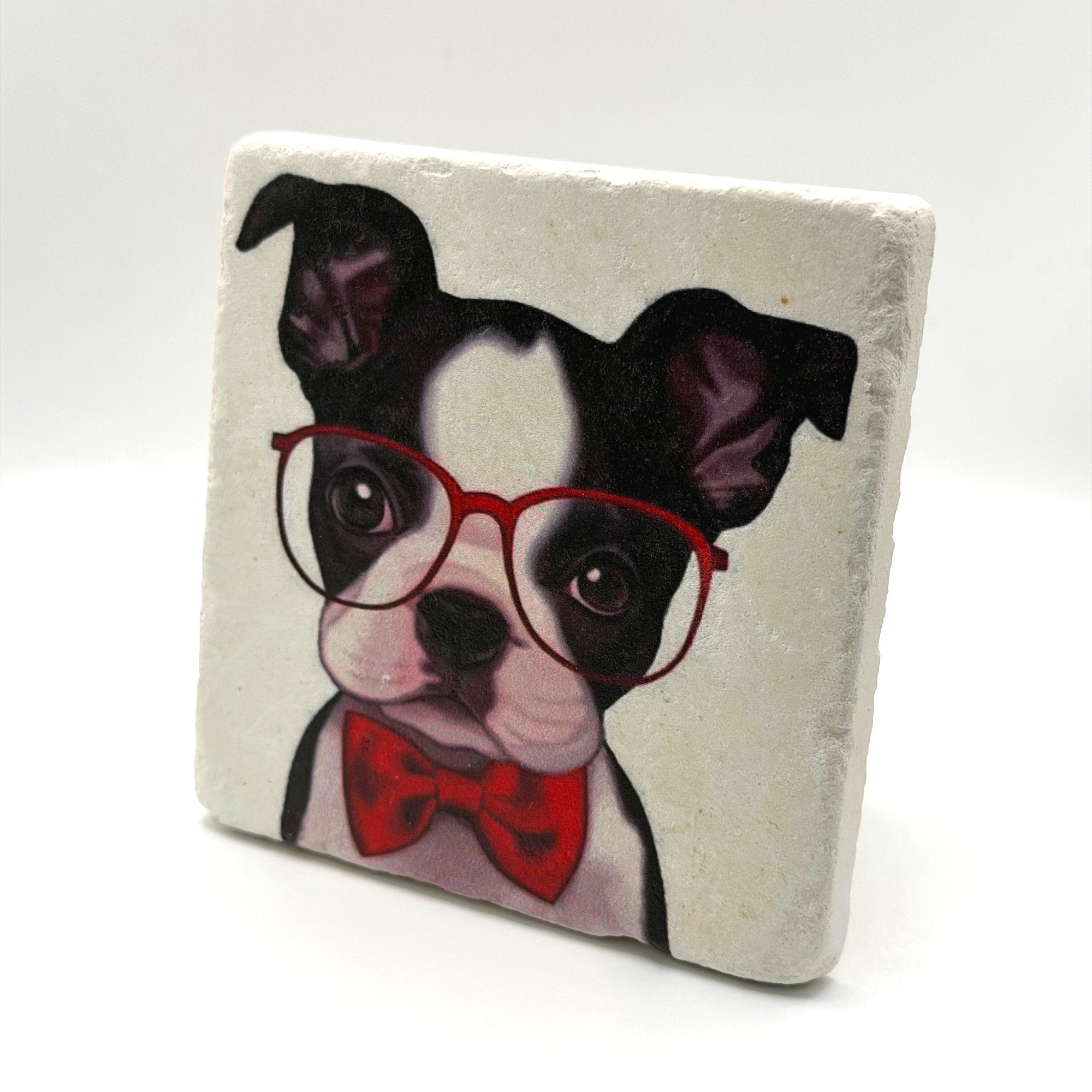 Boston Terrier breed portrait printed on square travertine stone coaster