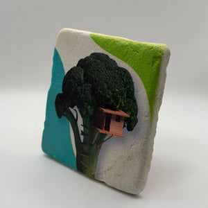 Broccoli artwork printed on square travertine stone coaster