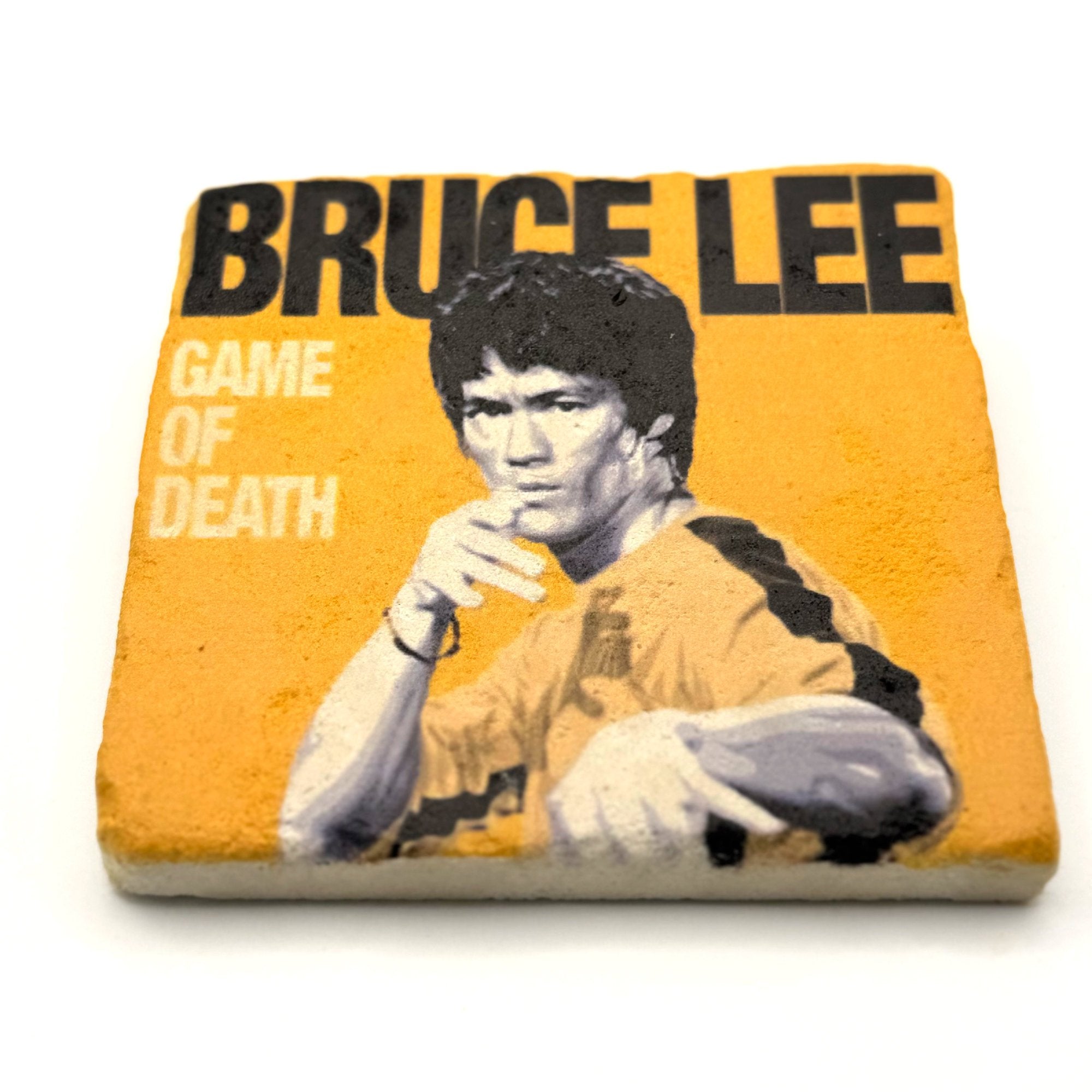 Bruce Lee artwork printed on square travertine stone coaster