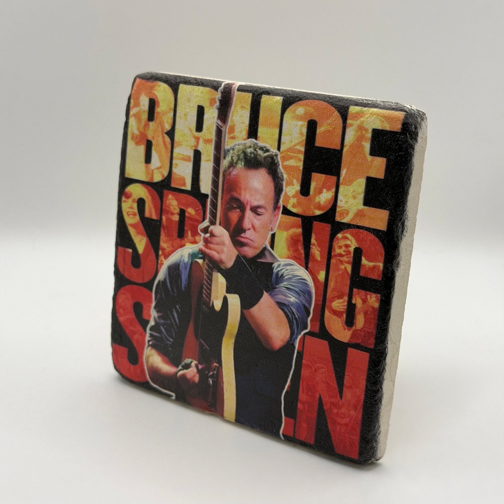 Bruce Springsteen artwork printed on square travertine stone coaster